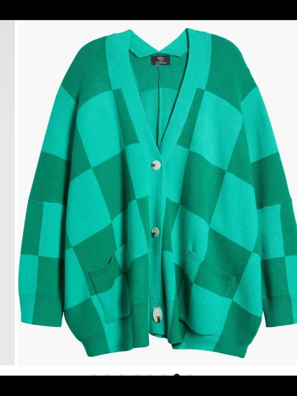 ISO: Dressed in LALA Teal and Emerald Checkerboard Oversized V-Neck Cardigan